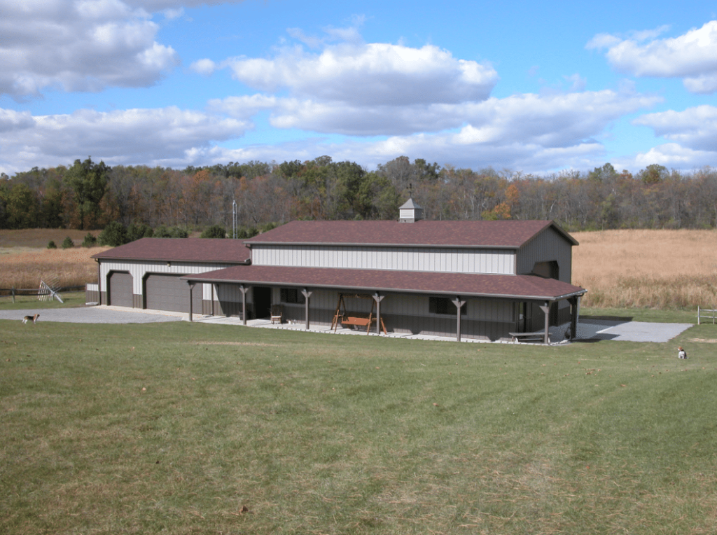Alternate Roof Material Post-frame building with alternate roof material for a custom exterior appearance.