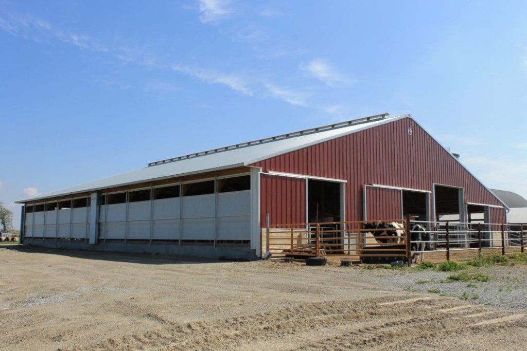 Dairy Curtains Post-frame cattle barn with dairy curtains along the sidewall for ventilation.