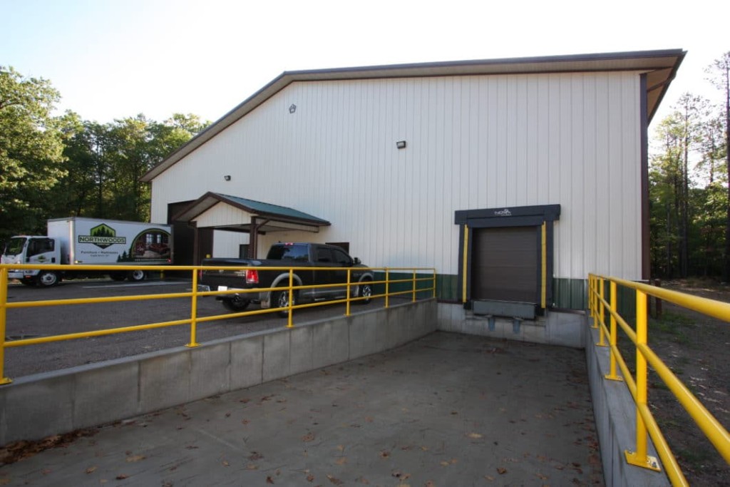 Loading Docks Post-frame commercial building with loading docks for truck access and material handling.