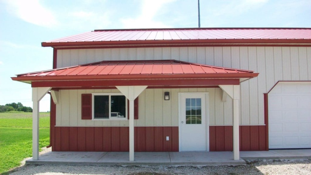 Standard Porch Post-frame building with a standard porch and covered entry area.