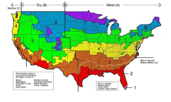 United States climate zones map used to compare insulation requirements for pole barns.