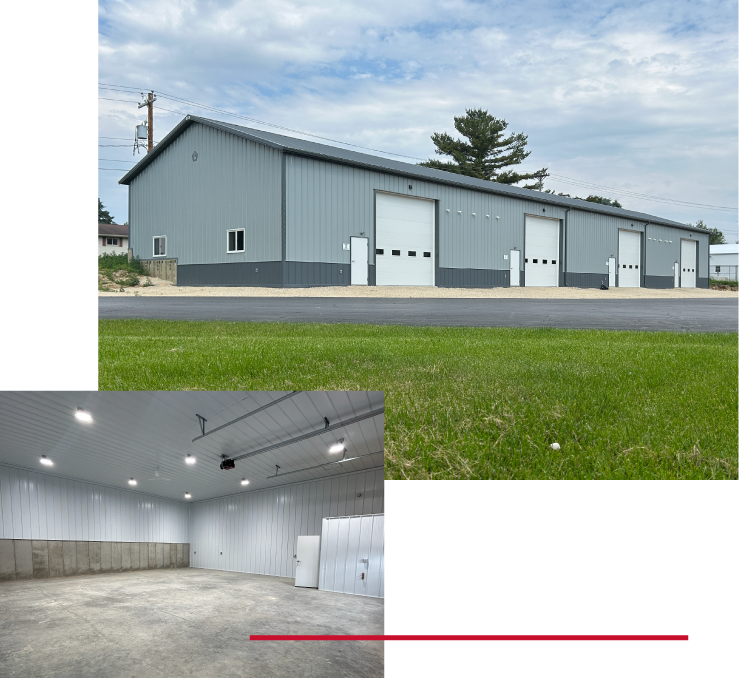 Post-frame commercial storage building with multiple overhead doors, steel siding, and open interior storage space