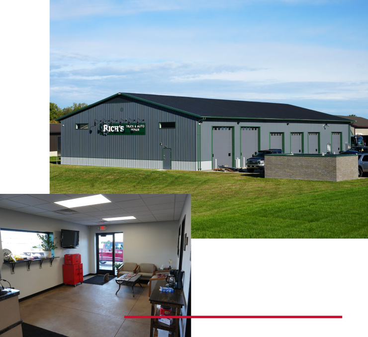 Auto Repair Shop Exterior and Customer Waiting Area | Walters Buildings Auto repair building exterior with steel siding and overhead doors alongside customer waiting area interior