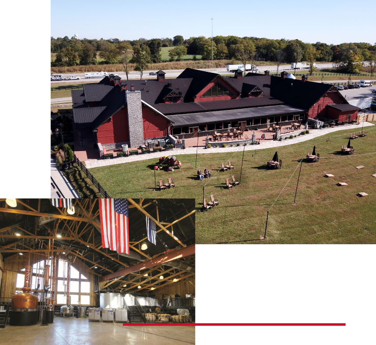 Commercial Distillery Exterior and Production Interior | Walters Buildings Commercial distillery exterior with outdoor seating and interior production space with clear-span layout