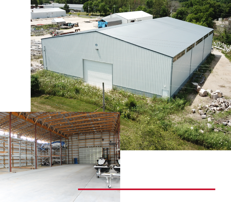 Commercial warehouse exterior and interior with steel siding, overhead door, and clear-span workspace