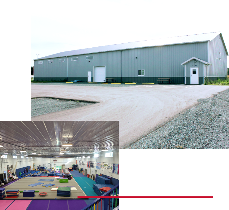 Retail recreation building exterior with steel siding and interior open gym space with clear-span layout