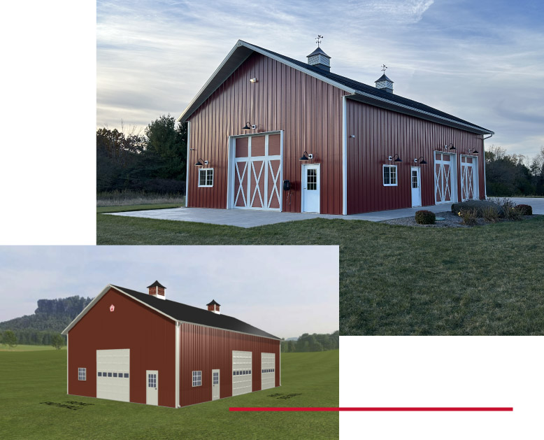Custom Equipment Storage Building Design and Finished Project | Walters Buildings Equipment storage building with red steel siding shown as completed build and design rendering