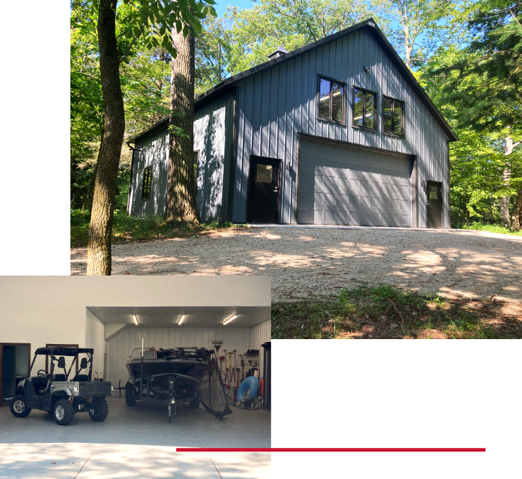 Post-frame garage building with steel siding, overhead door, upper windows, and interior storage for vehicles and equipment