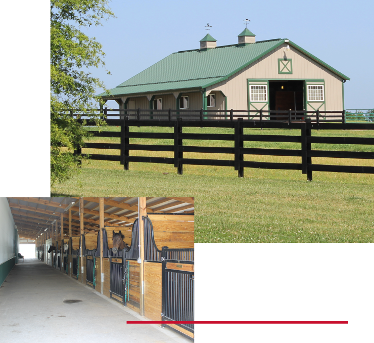 Custom Horse Barn with Stalls and Fenced Pasture | Walters Buildings Custom horse barn with fenced pasture and interior stalls designed for equestrian care and daily operations