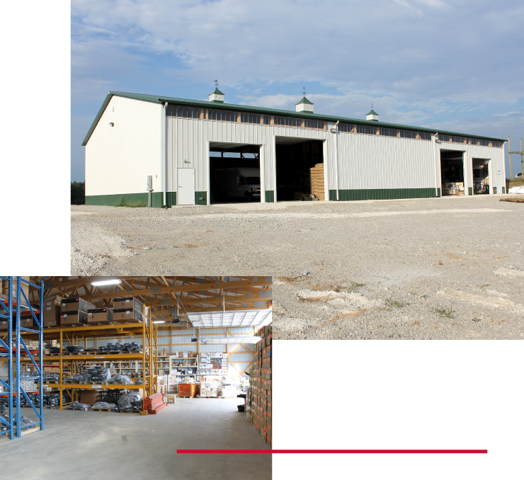 Industrial warehouse exterior with steel siding and interior storage racks with clear-span layout