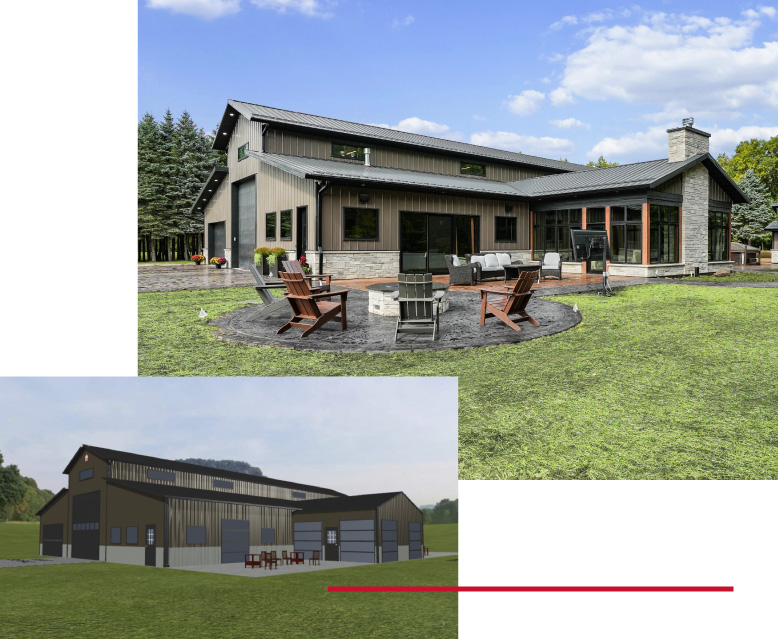 Monitor Barndominium Exterior and Design Concept Custom monitor barndominium with outdoor patio, fire pit seating area, and raised center monitor roof design