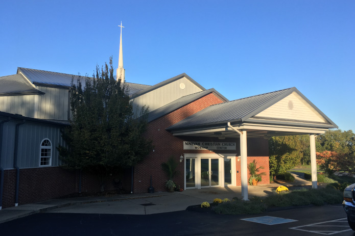 Ninevah Christian Church main entrance with steeple built by Walters Buildings