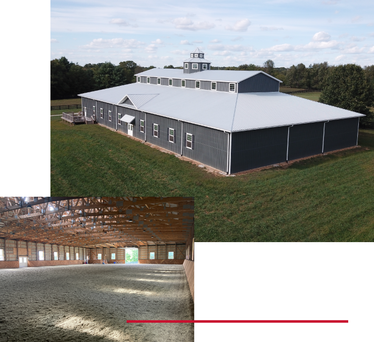 Indoor riding arena exterior and interior showing steel building with cupola and clear-span riding space