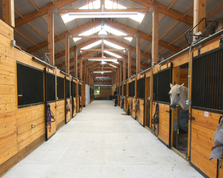 Horse barn interior with wood stall fronts, center aisle, and skylights for natural light