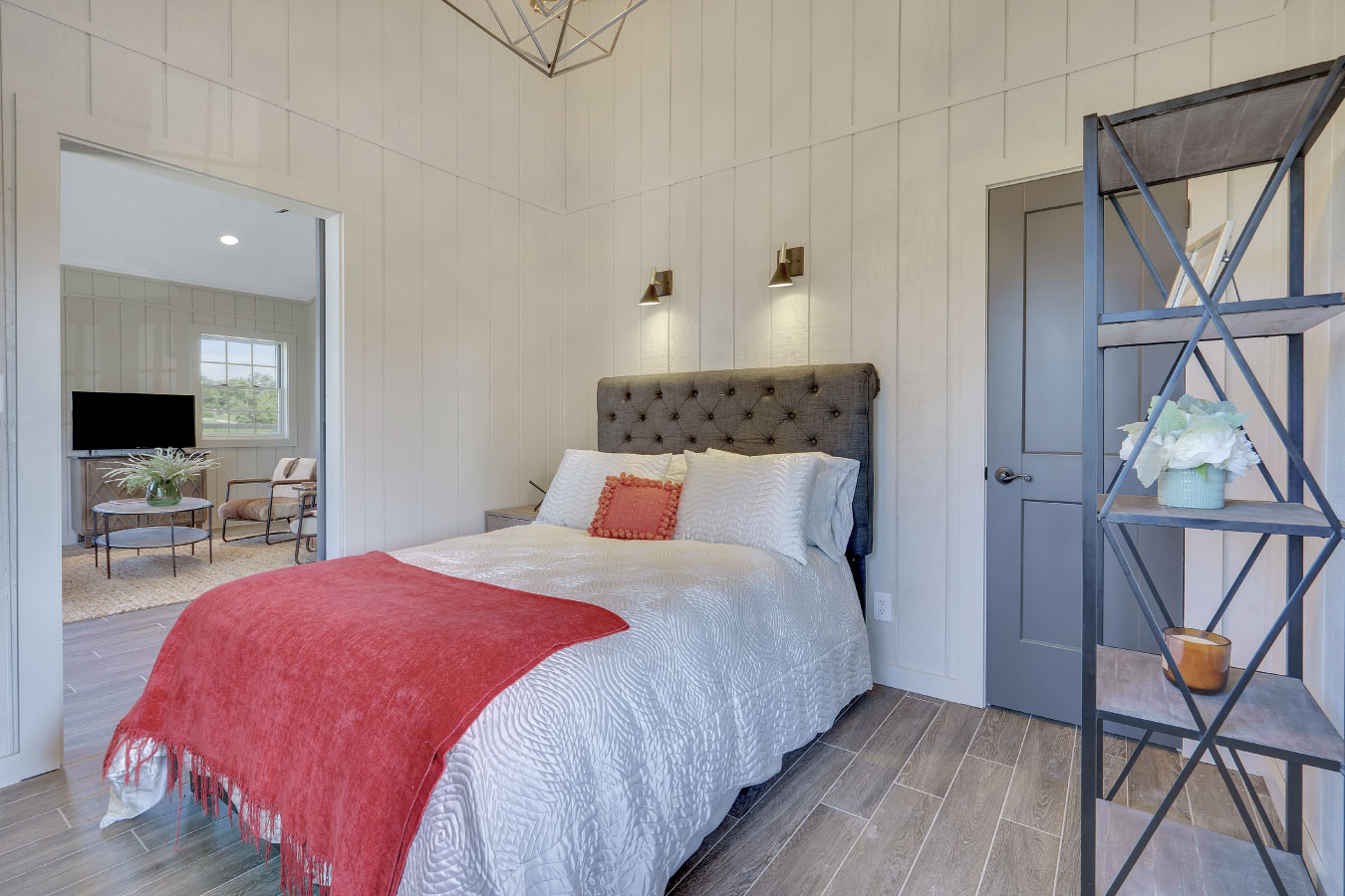 Horse barn living quarters bedroom with modern farmhouse design
