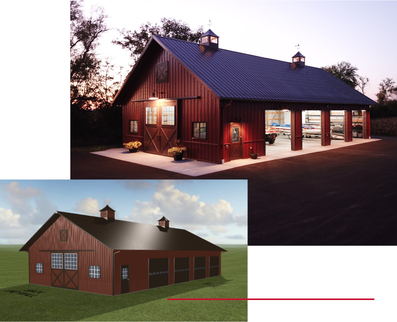 This machinery storage building interior features a spacious, open layout with multiple overhead doors designed for easy equipment access and efficient workflow. The exposed wood framing and durable steel wall panels provide strength and longevity, while window panels in each overhead door allow natural light to fill the space. The wide clearance and multiple access points make it ideal for storing and maneuvering machinery, trailers, and equipment in a practical and organized environment.