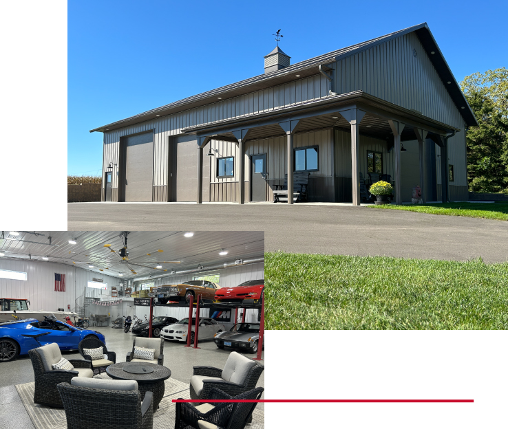 Post-Frame Storage Building with Overhead Doors, Porch, and Car Storage Interior Post-frame storage building with steel siding, overhead doors, covered porch, and interior car storage with lifts