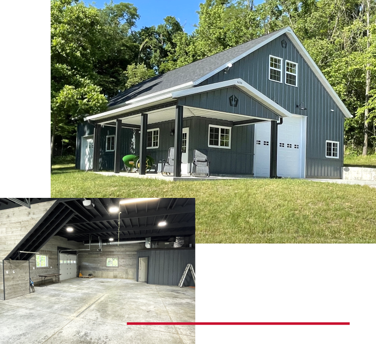 Post-frame hobby workshop garage with steel siding, covered porch, overhead door, and open interior workspace