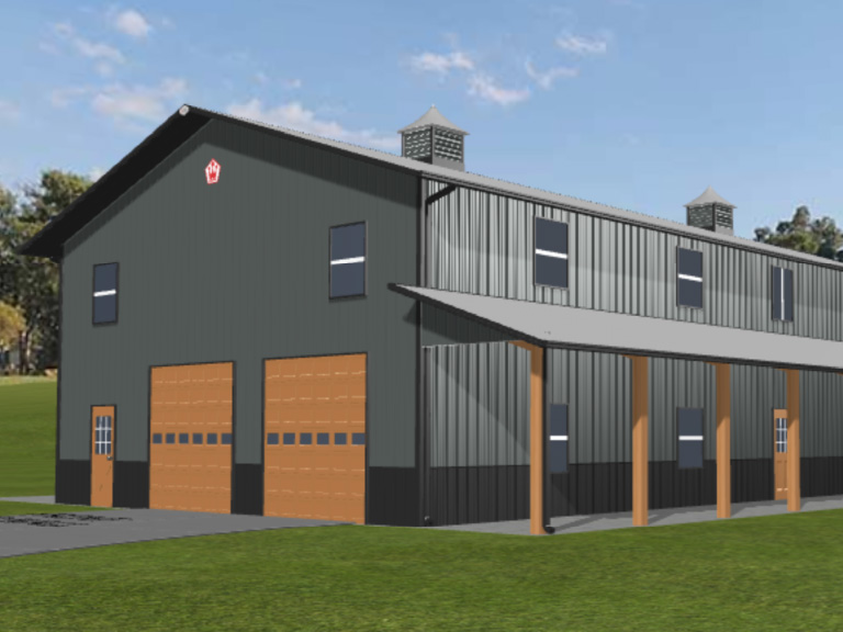 Two story post frame building with steel siding, overhead doors, cupolas, and covered porch designed with Walters 3D building designer