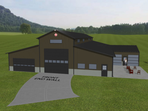 Monitor Style Post Frame Building Designed with Walters 3D Building Designer Monitor style post frame building with multiple overhead doors and lean to designed with Walters 3D building designer