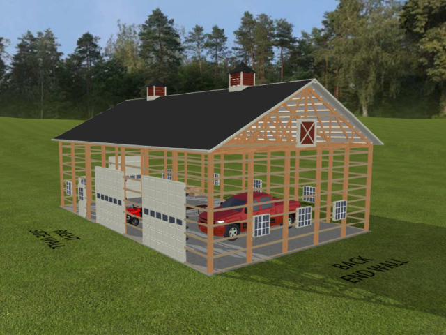 Post Frame Building Frame Layout Designed with Walters 3D Building Designer Post frame building frame layout with overhead doors and cupolas designed with Walters 3D building designer