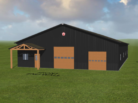 Post Frame Building with Entry Porch Designed with Walters 3D Building Designer Post frame building with steel siding, two overhead doors, and entry porch designed with Walters 3D building designer