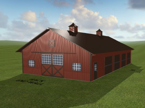 Post Frame Barn with Cupolas Designed with Walters 3D Building Designer Post frame barn with steel siding, sliding door, windows, and cupolas designed with Walters 3D building designer