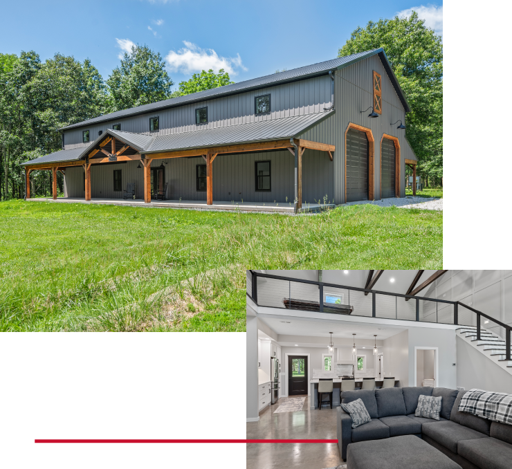 Modern Barndominium with Shop and Open Concept Interior Modern barndominium with covered porch, overhead garage doors, and open concept interior with loft and kitchen