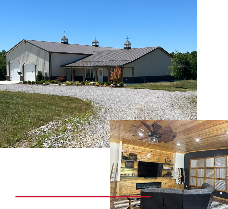 Cabin Hunting Lodge with Cupolas, Overhead Doors, and Rustic Interior Living Space Post-frame cabin hunting lodge with steel siding, cupolas, overhead doors, and rustic wood interior living space with fireplace