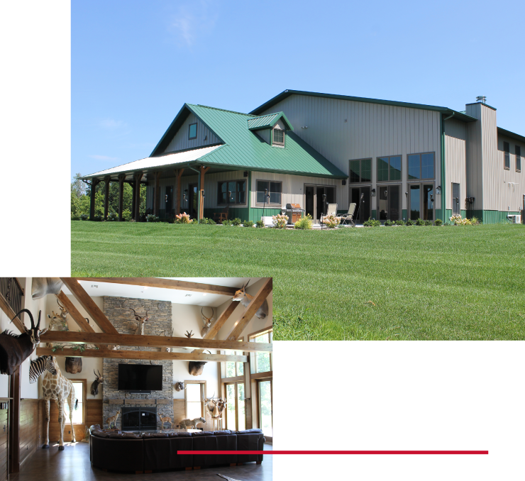 Post-Frame Cabin Hunting Lodge with Porch, Steel Roof, and Rustic Interior Post-frame cabin hunting lodge with green steel roof, covered porch, large windows, and rustic interior with exposed beams and fireplace