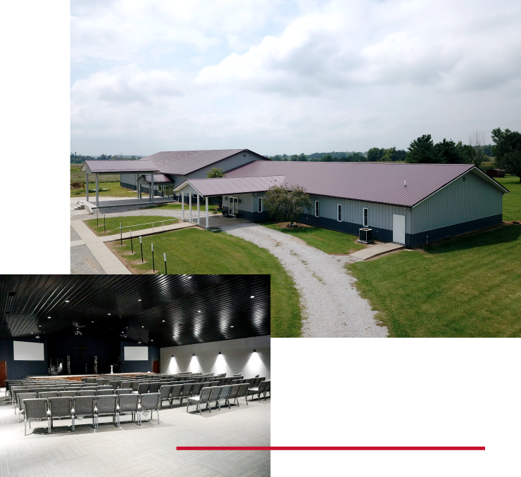 Church Exterior and Worship Space Interior | Walters Buildings Church building exterior with covered entrances and interior worship space with open seating layout