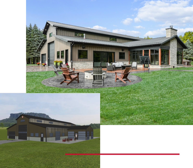 Barndominium Design Rendering vs Finished Custom Build Custom post-frame barndominium with steel siding and patio compared to original 3D design rendering