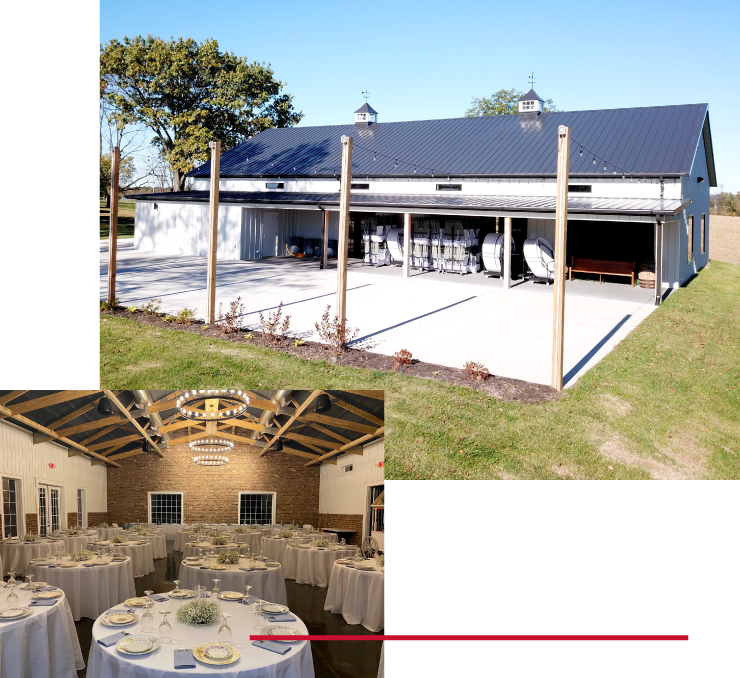 Event Barn Exterior with Covered Patio and Interior Reception Hall Post frame event barn with covered patio and outdoor event space paired with interior reception hall featuring exposed trusses and banquet seating