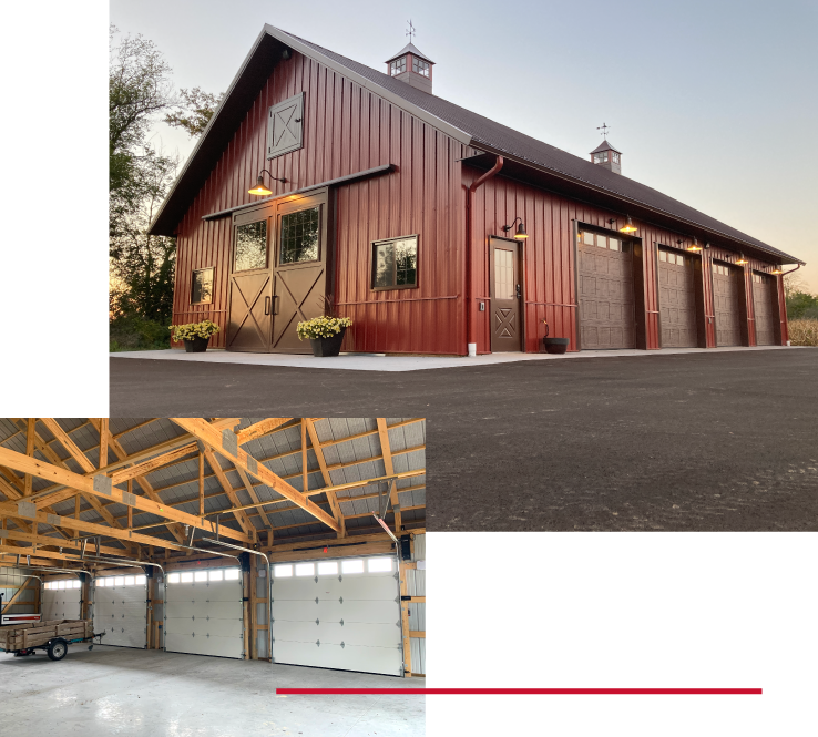 Walters Buildings post-frame garage with steel siding, multiple overhead doors, and interior wood truss construction