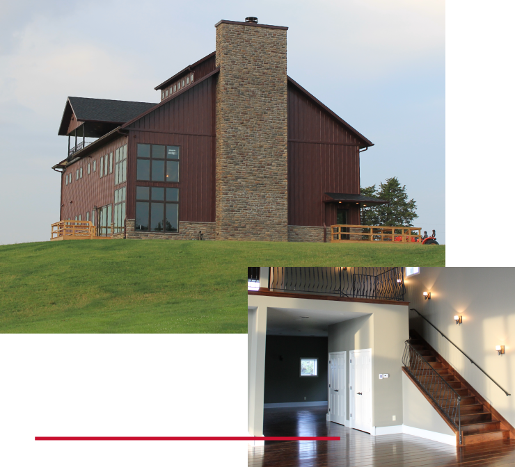 Custom Post-Frame Building with Stone Chimney and Finished Interior Living Space Post-frame building with steel siding, large stone chimney, and custom interior with staircase and open living space