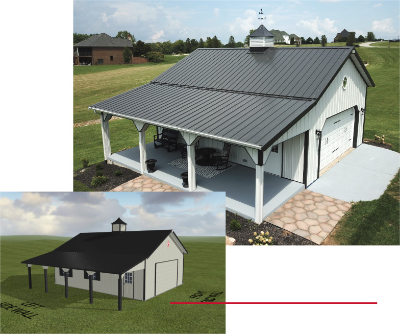Pole Shed Design vs Finished Build | Post Frame Garage with Covered Porch | Walters Buildings pole shed comparison showing finished post frame building with covered porch and 3D design rendering