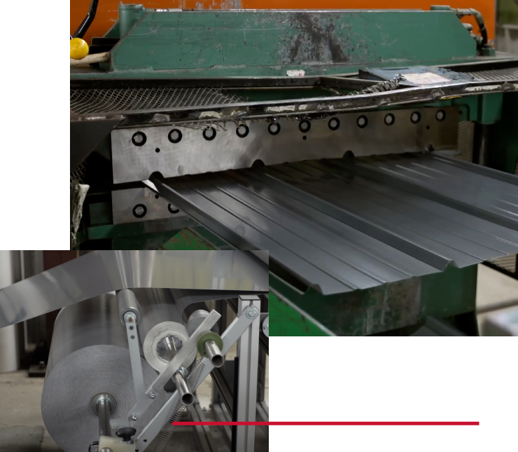 Steel panels being formed and cut in manufacturing process for post-frame buildings