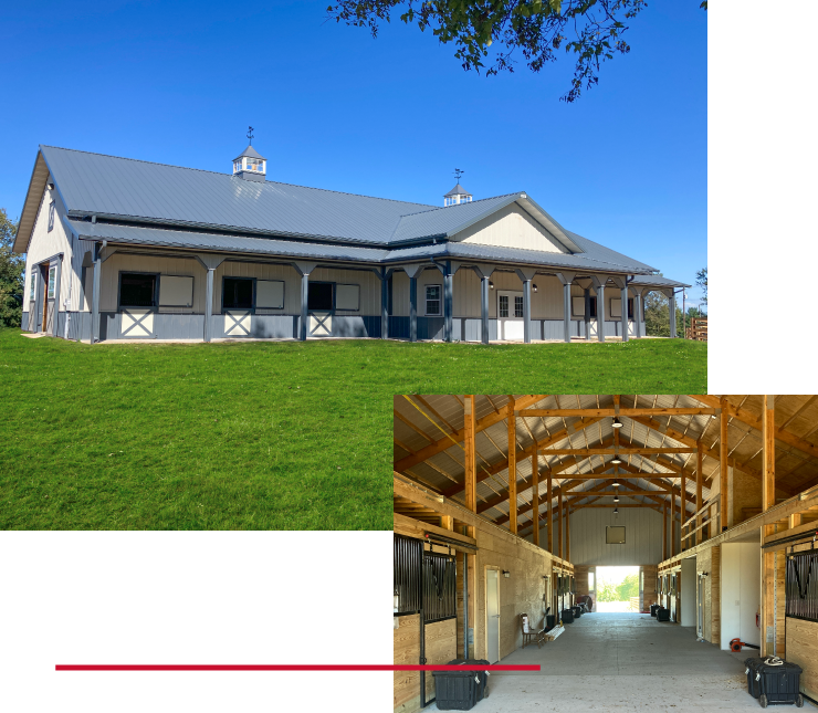 Custom horse barn with steel siding, cupolas, covered porch, and interior stall layout