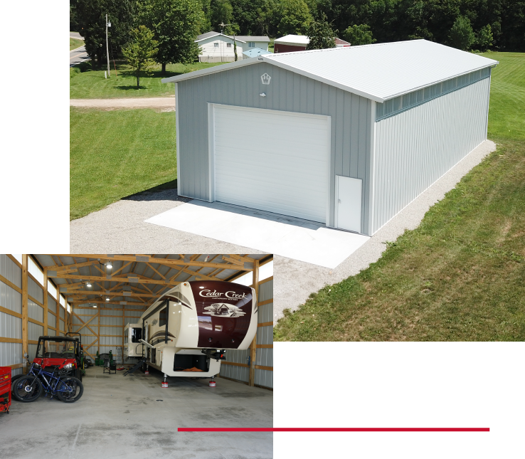 Steel pole barn garage with overhead door, covered porch, cupola, and residential-style windowsSteel RV storage building with large overhead door and interior space for camper and equipment