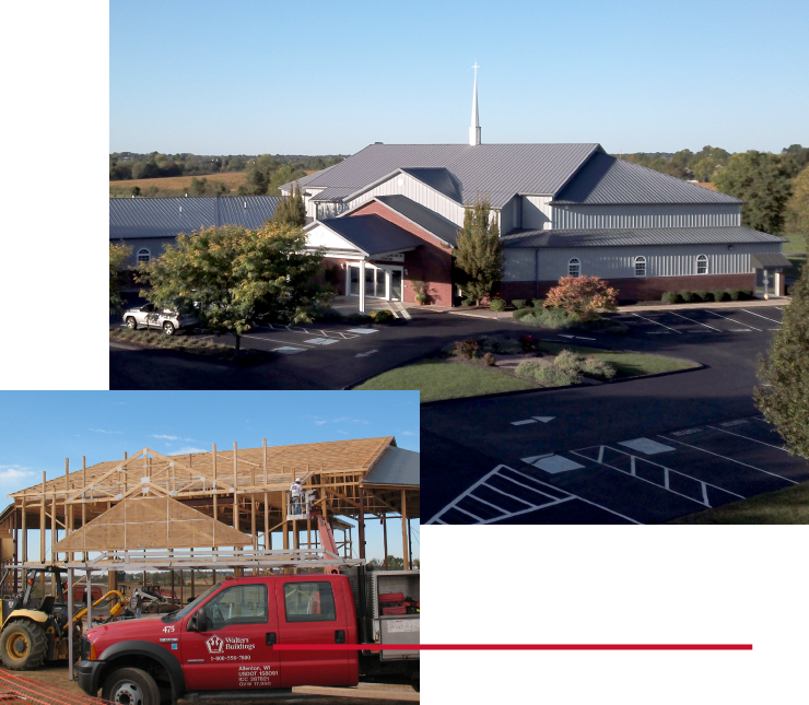 Walters Buildings commercial project with completed structure and in-house construction framing process