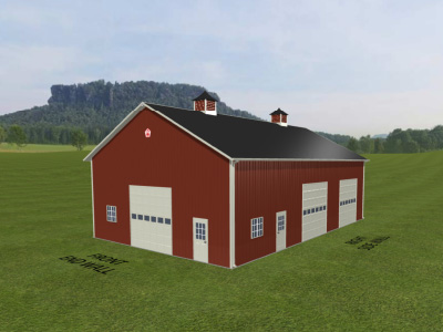 Post Frame Building with Multiple Overhead Doors Designed with Walters 3D Building Designer Post frame building with steel siding, multiple overhead doors, and cupolas designed with Walters 3D building designer