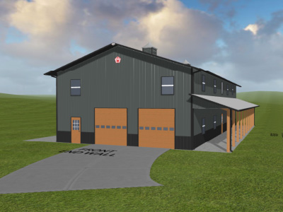 Two Story Post Frame Building with Lean To Porch Designed with Walters 3D Building Designer Two story post frame building with steel siding, overhead doors, and lean to porch designed with Walters 3D building designer