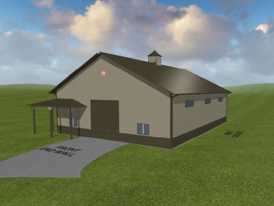 Post Frame Building with Porch and Cupola Designed with Walters 3D Building Designer Post frame building with steel siding, overhead door, cupola, and entry porch designed with Walters 3D building designer