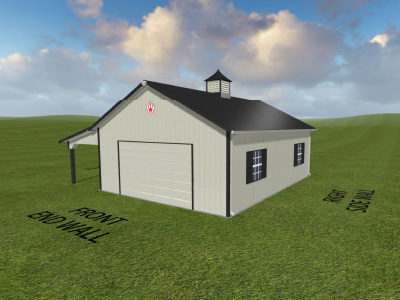 Post Frame Garage with Cupola Designed with Walters 3D Building Designer Post frame garage with steel siding, overhead door, and cupola designed with Walters 3D building designer