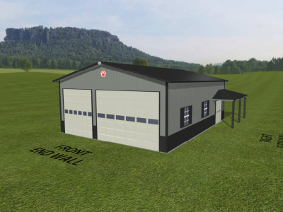 Post Frame Garage with Lean To Porch Designed with Walters 3D Building Designer Post frame garage with steel siding, two overhead doors, and lean to porch designed with Walters 3D building designer