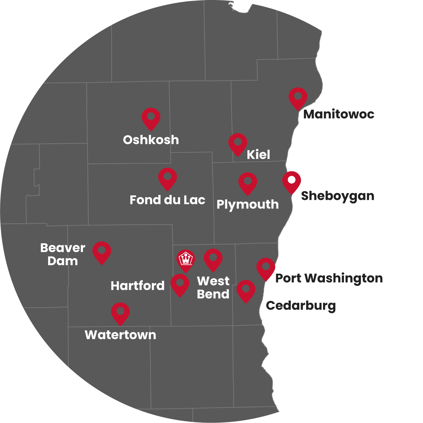 Map showing Walters Buildings service area around Allenton Wisconsin with location pins across southeastern Wisconsin