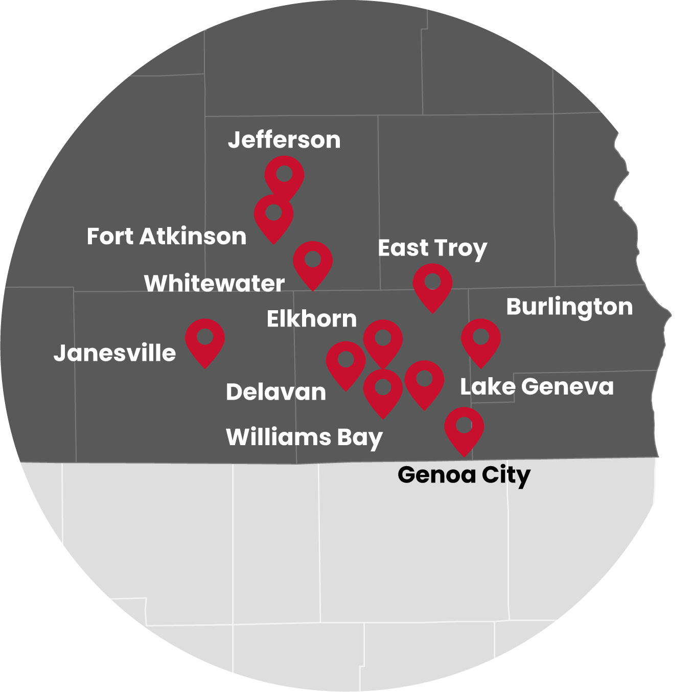 Map showing Walters Buildings service area around Elkhorn Wisconsin with location pins across southeastern Wisconsin