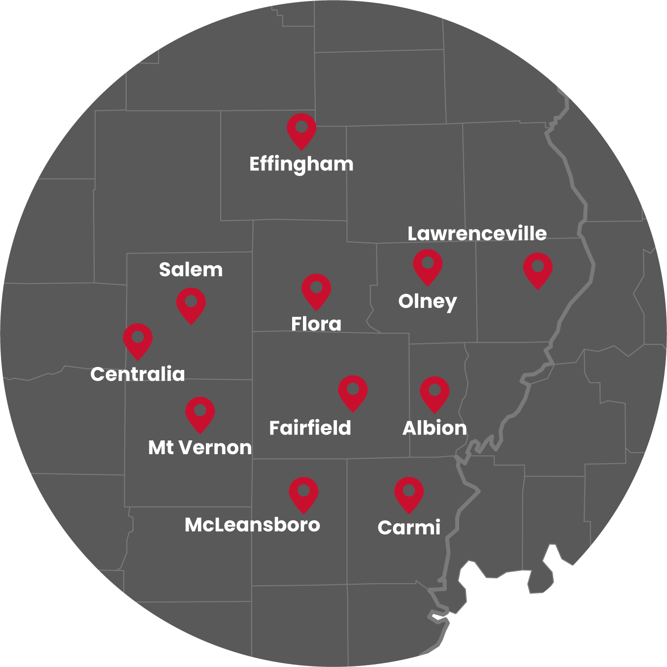 Map showing Walters Buildings service area around Fairfield Illinois with location pins across southern Illinois
