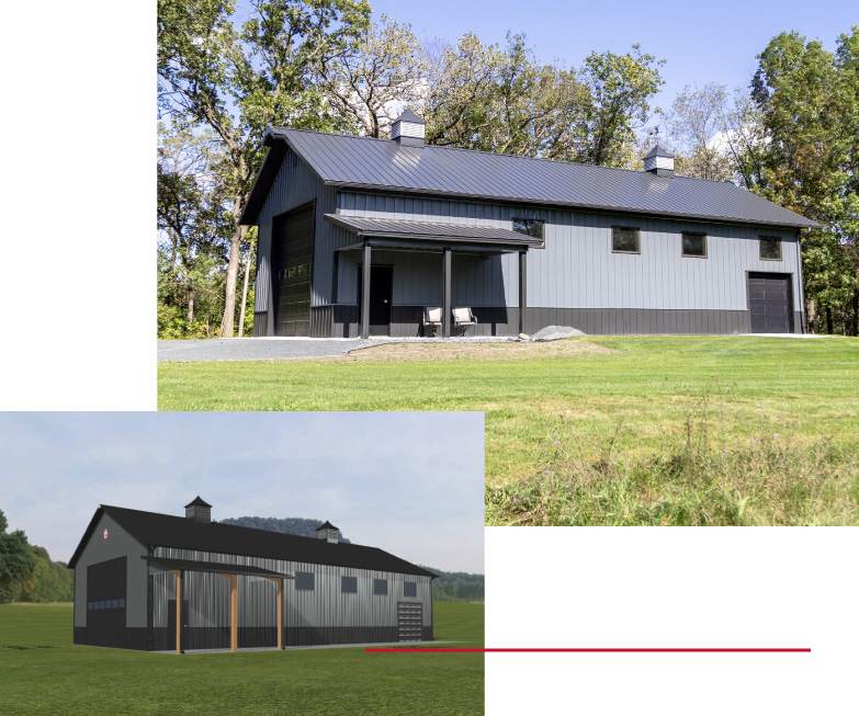 Aerial view of custom 30×64 post frame garage with metal roof, dual cupolas, and attached covered porch Aerial view of custom 30x64 post frame garage with metal roof, dual cupolas, and attached covered porch
