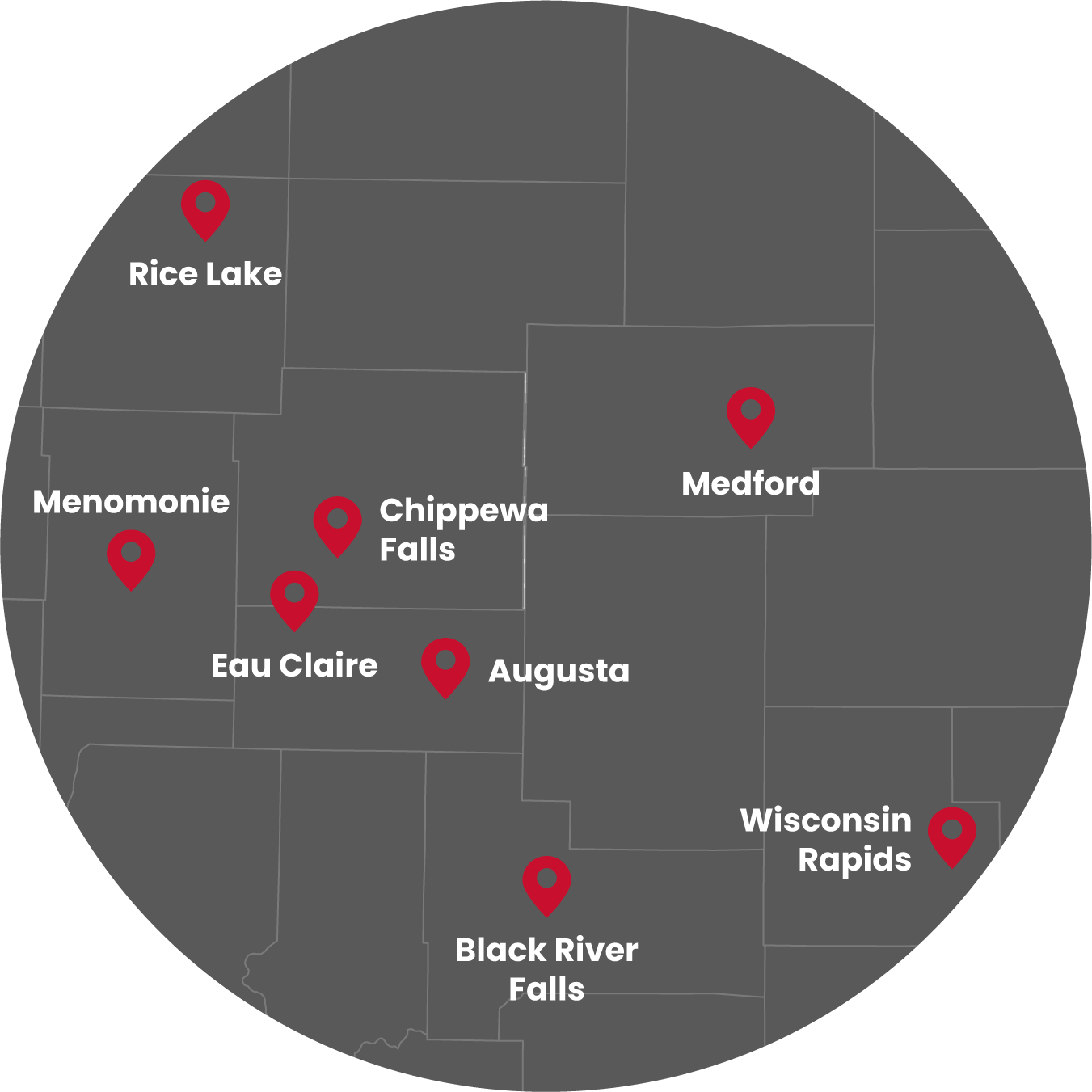 Map showing Walters Buildings service area around Augusta Wisconsin with location pins across northwestern Wisconsin
